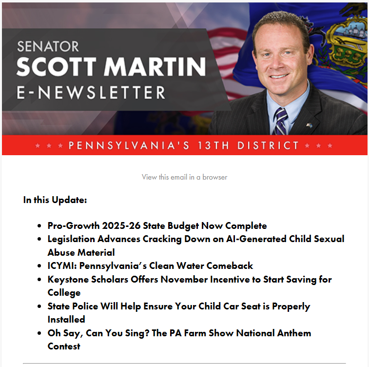 📫My November 14, 2025, e-newsletter is now available senatorscottmartinpa.com/enews/111425-2/
📩Not signed up? Click here: senatorscottmartinpa.com/enewsletters/

In this week’s edition🔽