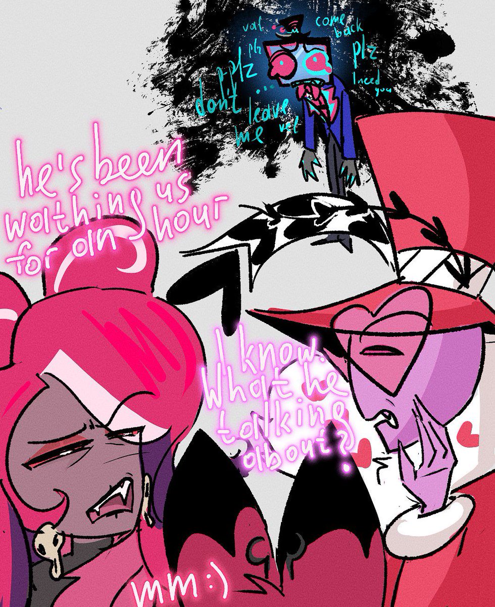 thinkING TOO MUCH.  
#hazbinhotelseason2 #HazbinHotelVox #HazbinHotelAlastor #HazbinHotelValentino #HazbinHotelVelvette #HazbinHotelVees