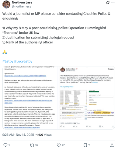 This is how stupid Letbyists are.
She has apparently been told that her post broke UK law, so what does she do?
Bloody reposts it - 6 months later.
She deserves everything that is coming her way.