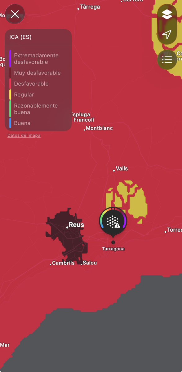 jferr80's tweet photo. Mapa de calidad del aire en #Tarragona hoy. Sin comentarios. Qué paséis una buena noche, pero os recomiendo no salir a tomar el aire. 😶‍🌫️☠️ https://t.co/xLrBl6n6I6