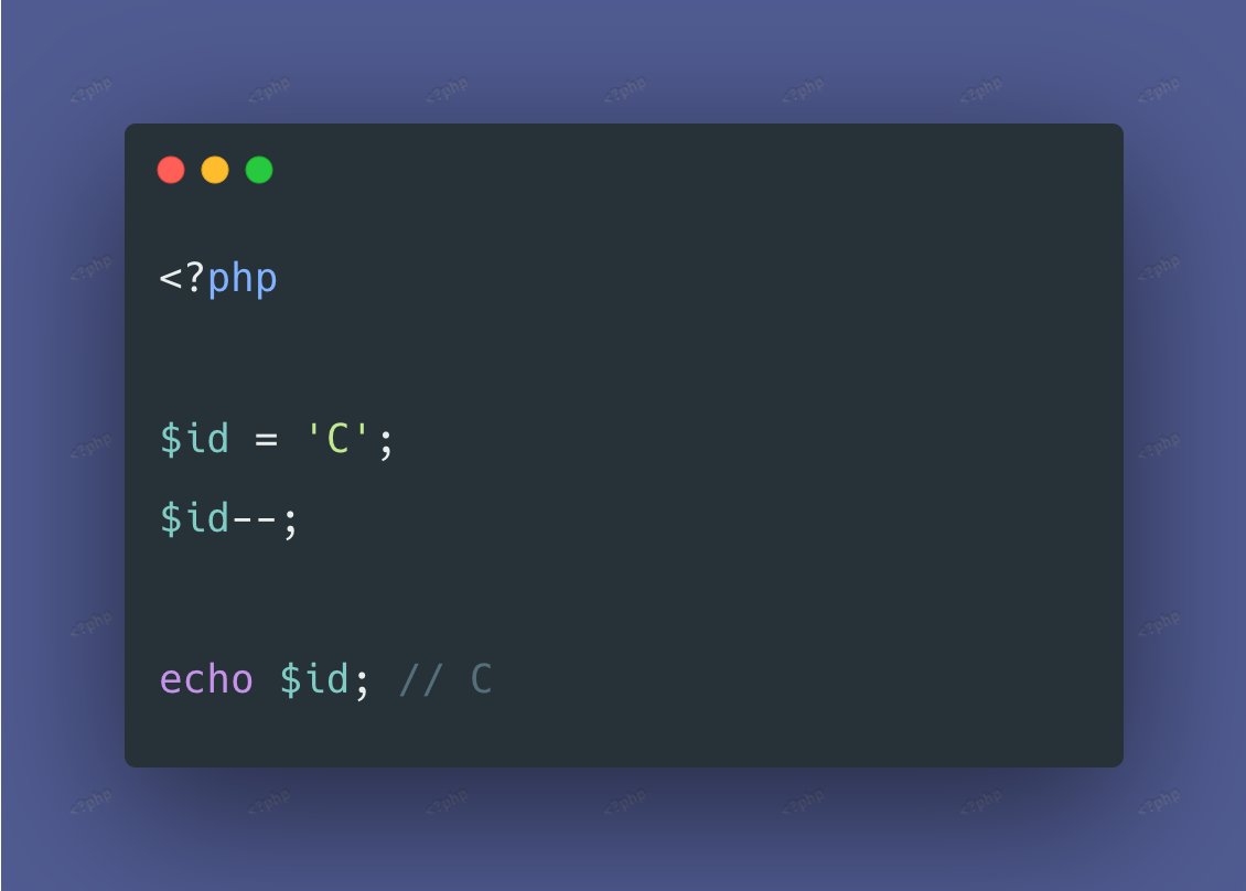 daily_web_dev's tweet image. PHP supports string increment ($str++), but string decrement ($str--) does nothing.