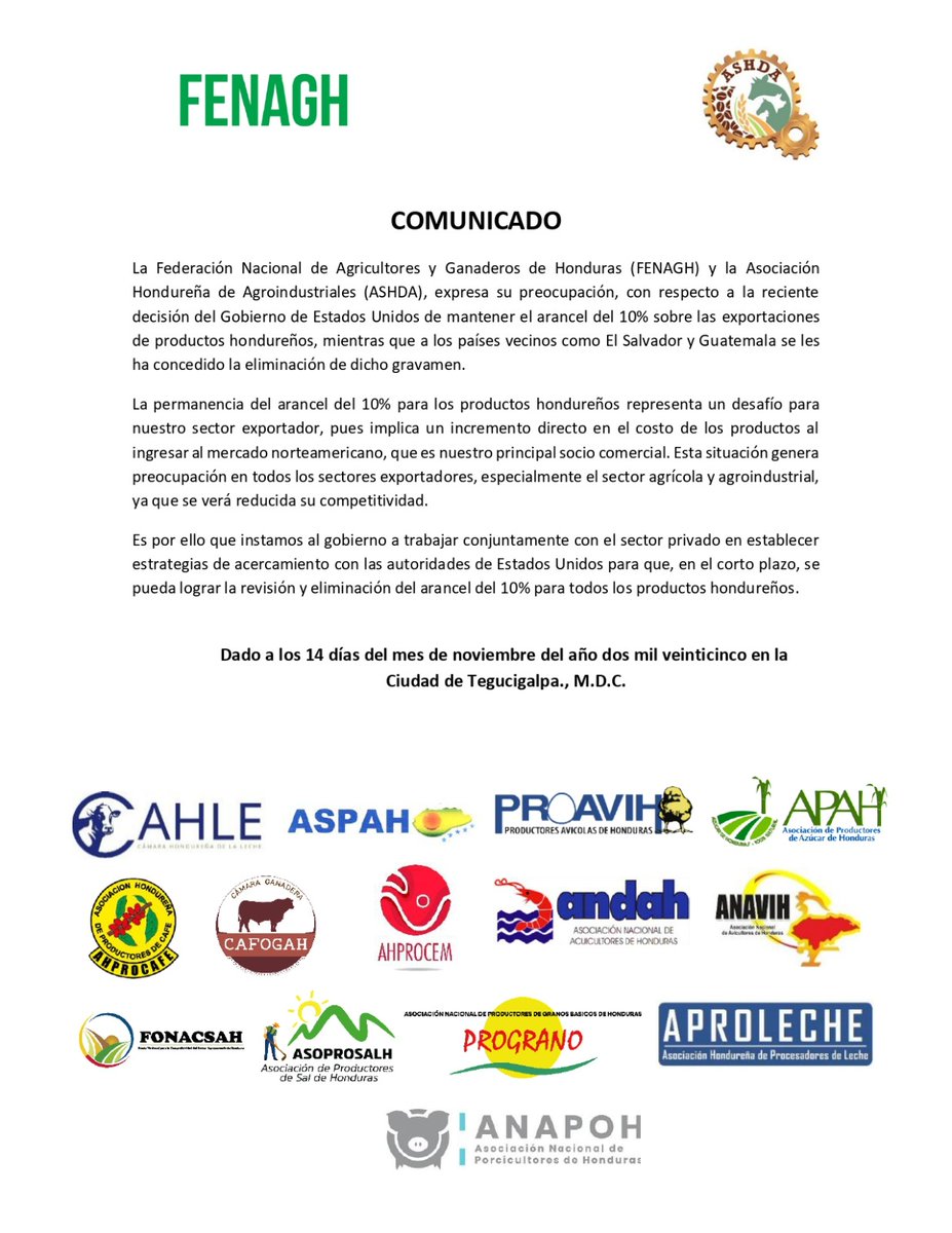 ‼️ ALERTA PARA EL SECTOR AGRO EXPORTADOR‼️

Estados Unidos mantendrá el arancel del 10% para productos hondureños, mientras otros países de la región fueron exonerados.