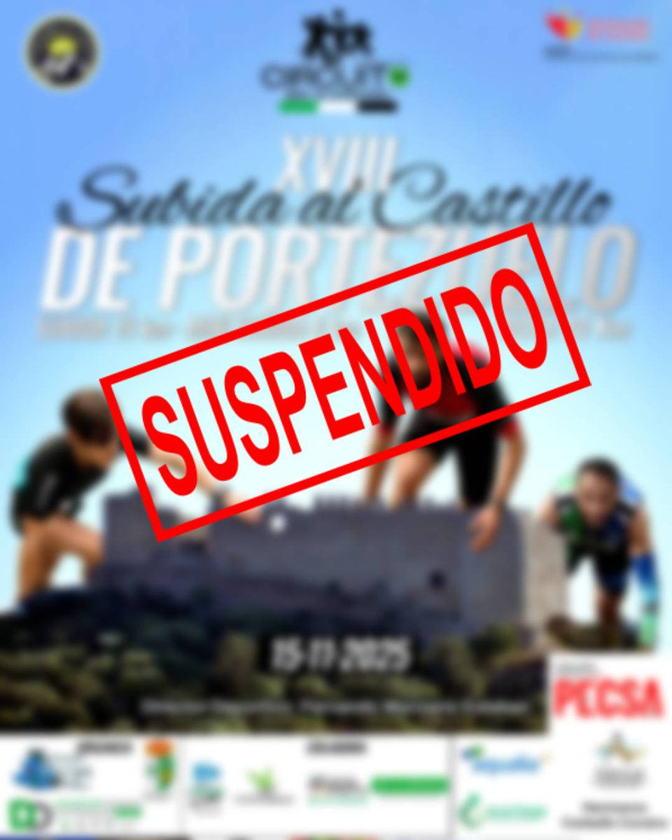 SubidaCastillo's tweet photo. 🚫 SE SUSPENDE LA SUBIDA AL CASTILLO DE PORTEZUELO

Buenas noches, tenemos que comunicaros que hemos tenido que suspender la prueba prevista para mañana al ascender la alerta declarada por acumulación de lluvias a NARANJA para todo el día de mañana del 112. https://t.co/jdy23Ihk1g