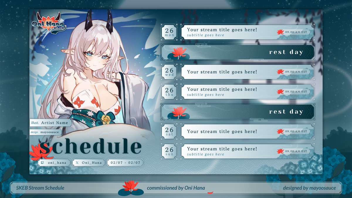 [ stream schedule &amp; overlays ]
for <a href="/Oni_Hana/">Hana Mori 👹🪷💧</a> 👹

shire and flowers! 🪷 thank you so much for working with me ദ്ദി◝ ⩊ ◜.ᐟ

♡ + ↻ are appreciated (˶ᵔ ᵕ ᵔ˶)
#VGenComm #oni_art
