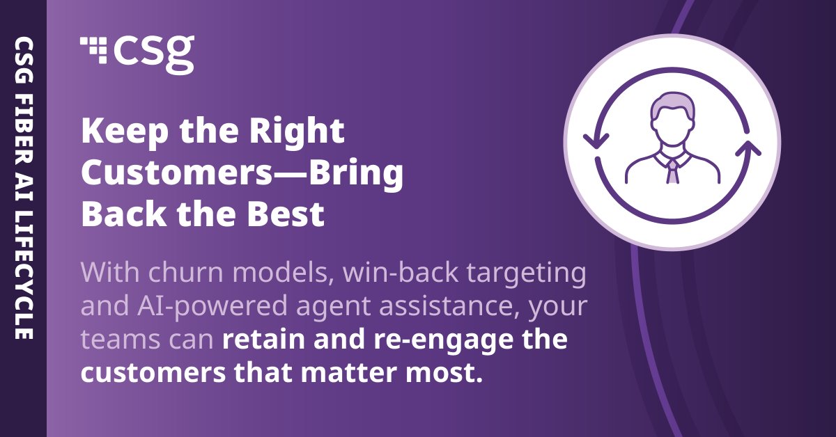 csg_i's tweet image. Your best subscribers are worth fighting for. 👊

AI helps predict churn, prevent it and bring back those who’ve left—so you protect your revenue base.

📥 Download Fiber Frontlines 2025 🔗 spr.ly/60147w8Fr

#CustomerRetention #TelecomAI #FiberBroadband #TelecomGrowth