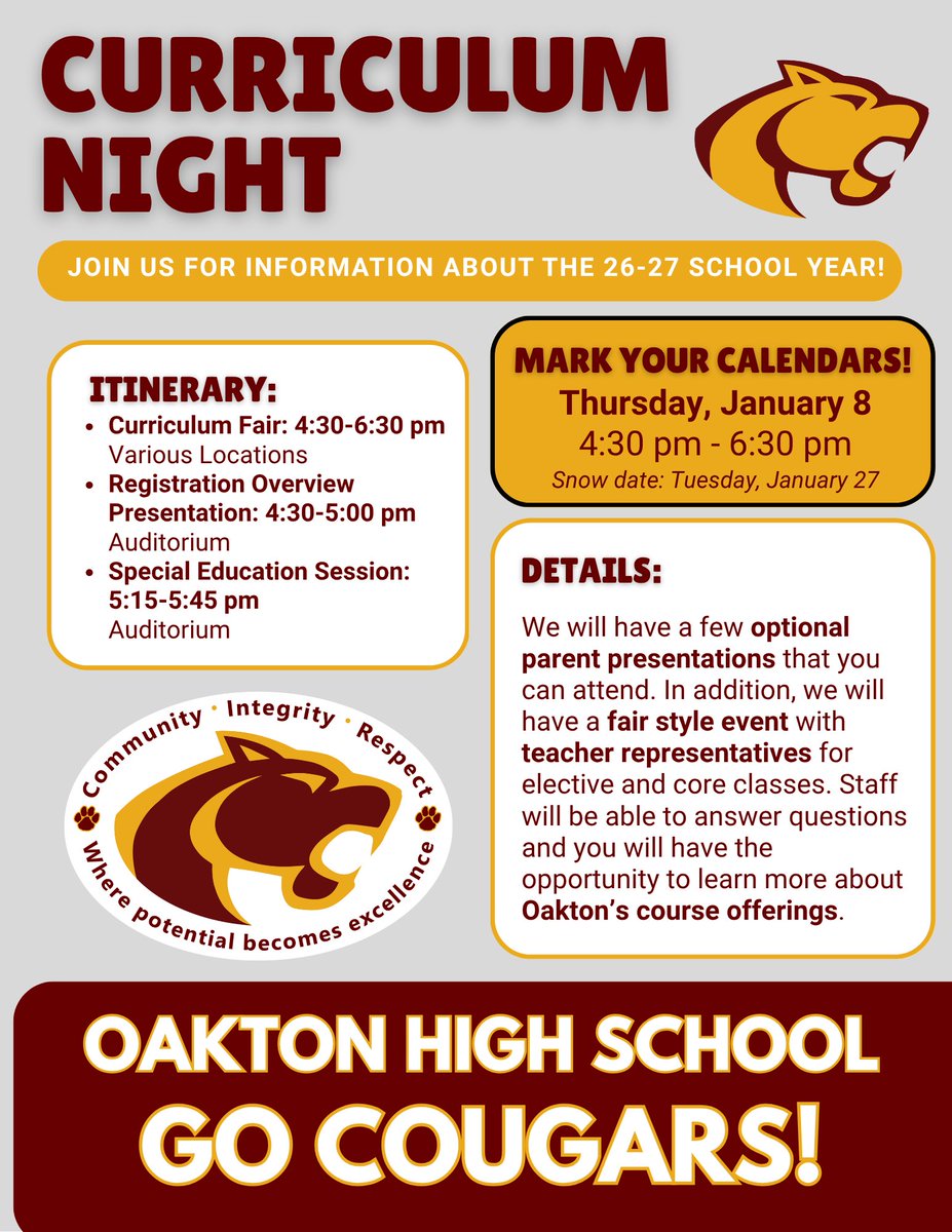 Save the date!  Our curriculum night for the 2026-2027 school year will be held on January 8, 2026.  This is an event for all students and families who are rising 9th graders through rising 12th graders! We hope to see you there. #WEAREOAKTON