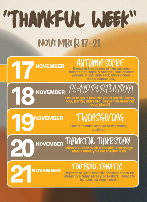 🍂 Thankful Week is Nov 17–21!
Mon: Autumn colors 🍁
Tue: Plaid vibes 👕
Wed: Twinsgiving 👯
Thu: Thankful tees 🙏
Fri: Football spirit 🏈
#ThankfulWeek #SchoolSpirit