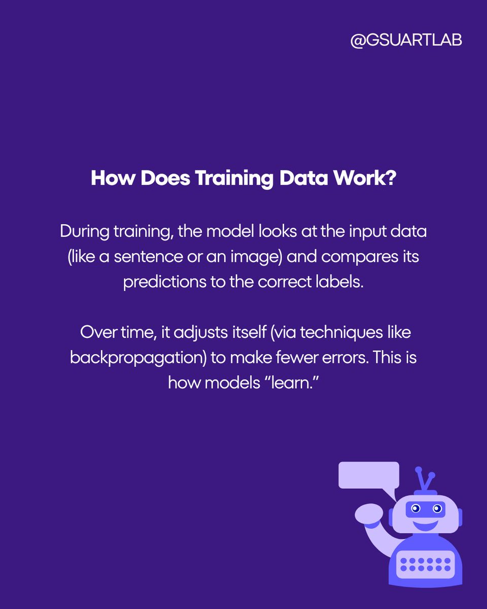 GSUARTLab's tweet image. Training data is the foundation of every machine learning model. The better the data, the smarter the AI. #AISeries #MachineLearning