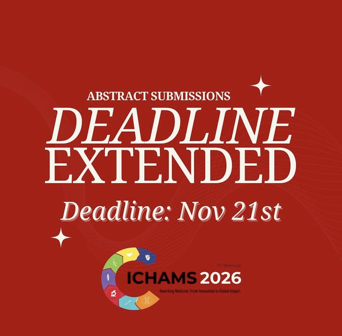 ichams_rcsi's tweet photo. The deadline for abstract submission has been extended until November 21st at 11:59pm! https://t.co/dN4LIrt0u1
#ICHAMS2026 https://t.co/92LUw4HROQ