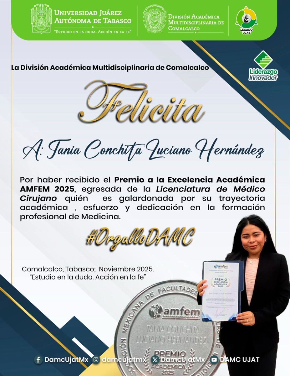 ❗️Felicidades a Tania Conchita Luciano Hernández❗️Ha sido galardonada con el Premio a la Excelencia Académica AMFEM 2025, un reconocimiento a su destacada trayectoria académica y esfuerzo en la carrera de medicina.