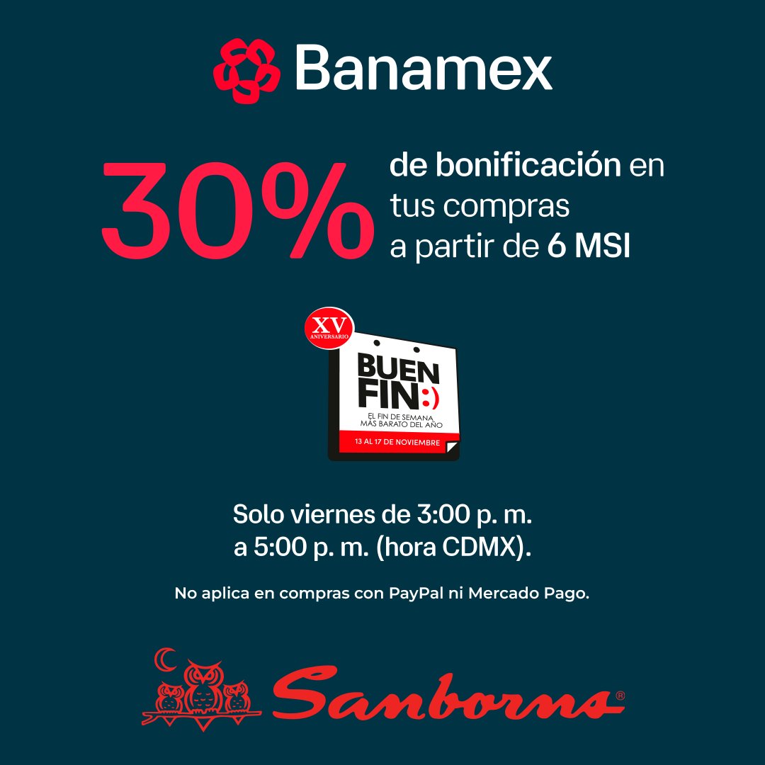 Si tienes tarjeta Banamex… hoy es tu día. 💳🤩
Aprovecha esta bonificación especial y llévate eso que ya tenías en mente. 👉 cutt.ly/mtetD4Tx

30% de bonificación para tarjetahabientes Banamex.
Atrápala el 14 de noviembre de 2025, de 3 a 5 pm en #Sanborns.

*No aplica con
