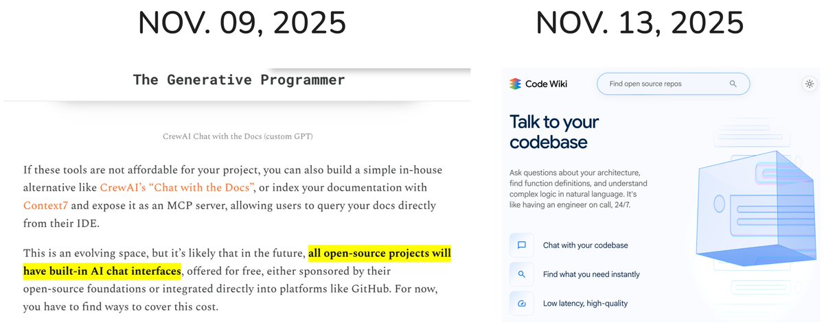 bibryam's tweet photo. Exactly as I predicted 5 days ago: 

"all open‑source projects will have built‑in AI chat interfaces"

@googledevs announced Code Wiki 👏👏👏

Code Wiki scans the full codebase and regenerates the documentation after each change, so that you can chat with your codebase.

https://t.co/JcuUpHrPNq
https://t.co/mzaxF0jirT