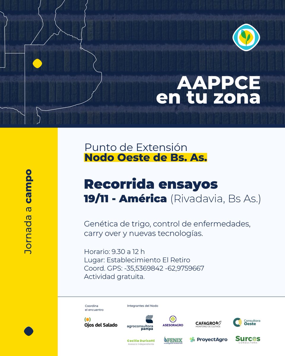 #AAPPCEnTuZona | América, BA 🌾

Jornada a campo para analizar estrategias en #trigo: ensayos de genética, control de enfermedades, carry over y nuevas tecnologías.

📅 19/11
⏰ 9:30 a 12 h
📍 Est. El Retiro  - GPS: 🗺️ bit.ly/4riKeRV

Actividad abierta y gratuita.