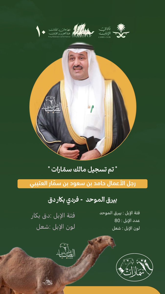 تم تسجيل #سمارات نخبة شعل الجزيرة 🥇🏆
بيرق الموحد - فردي دق شعل ملكة جمال الشعل #خطامه 

لـ مالكها رجل الاعمال حامد بن سعود بن سمار العتيبي 

#عدسة_الصياهد #مهرجان_الملك_عبدالعزيز_للإبل10
