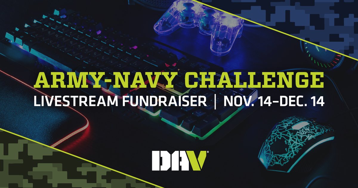 DAVHQ's tweet image. Introducing the DAV Army Navy Challenge! This livestream fundraising challenge kicks off today and will run through Dec. 14, culminating with the Army Navy football game on Dec. 13. #CharityStream #DAV #veterans #ArmyNavyChallenge