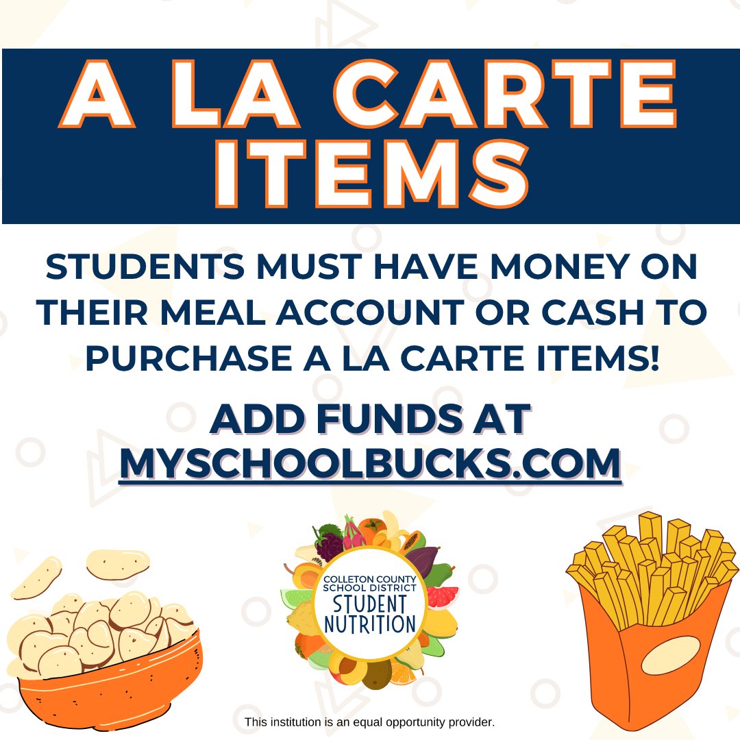 ColletonMeals's tweet image. A stocked account or cash means more snack time smiles! 😊 Keep funds available so your student can grab their favorite a la carte picks. 🍎🥤 Manage your funds here: myschoolbucks.com

#Colletonsc #Colletonsouthcarolina #Colleton #scschools #Colletoncounty