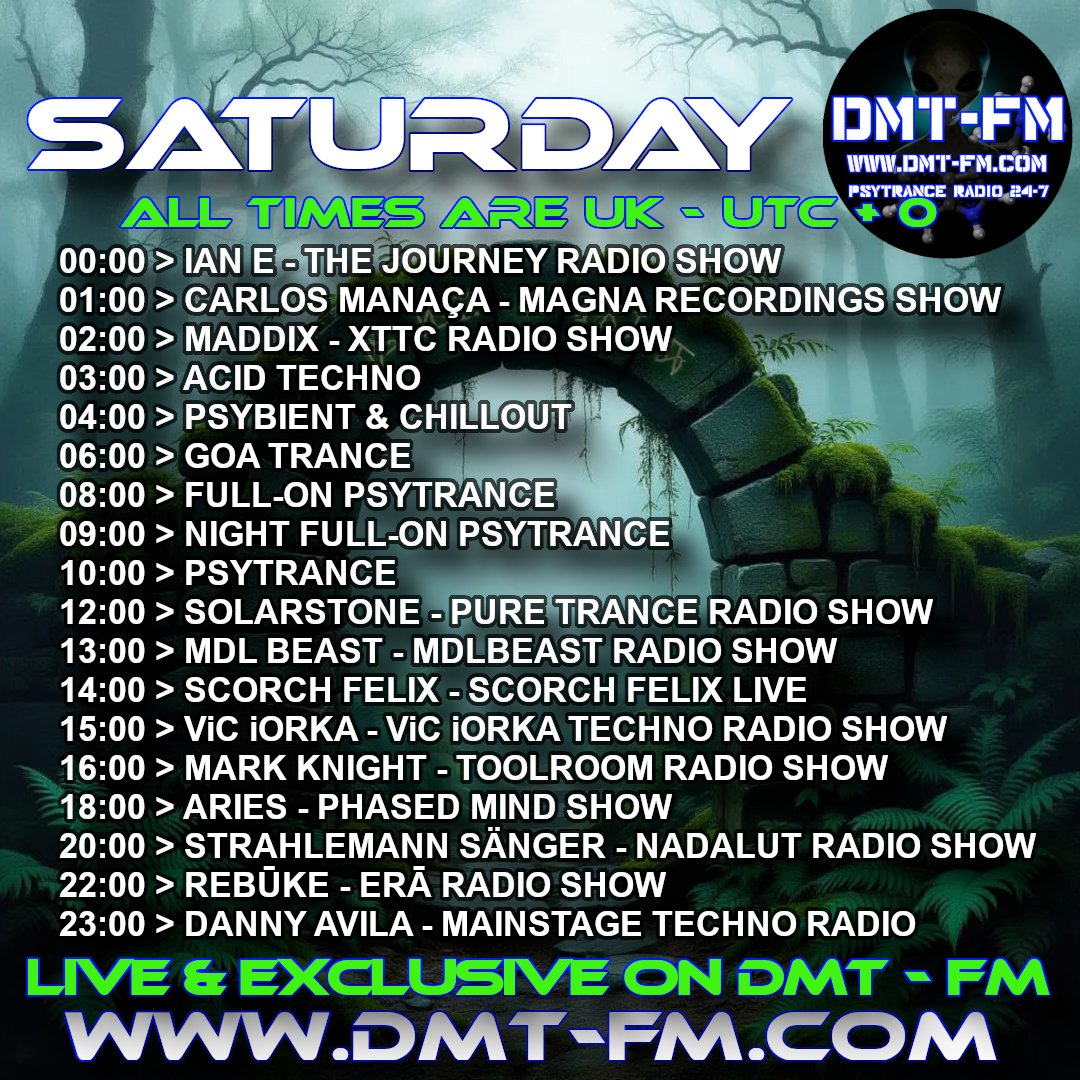 Shows on DMT Saturday 15/11/2025
DMT FM - Psytrance Radio Broadcasting 24/7
dmt-fm.com
#psytrance #psytrancemusic #psybient #goatrance #fullon #EDM #psybreaks #progressivepsy #psydub #psychill #techno #trance #electronicmusic #music #dmtfm #radioshow #radiostation