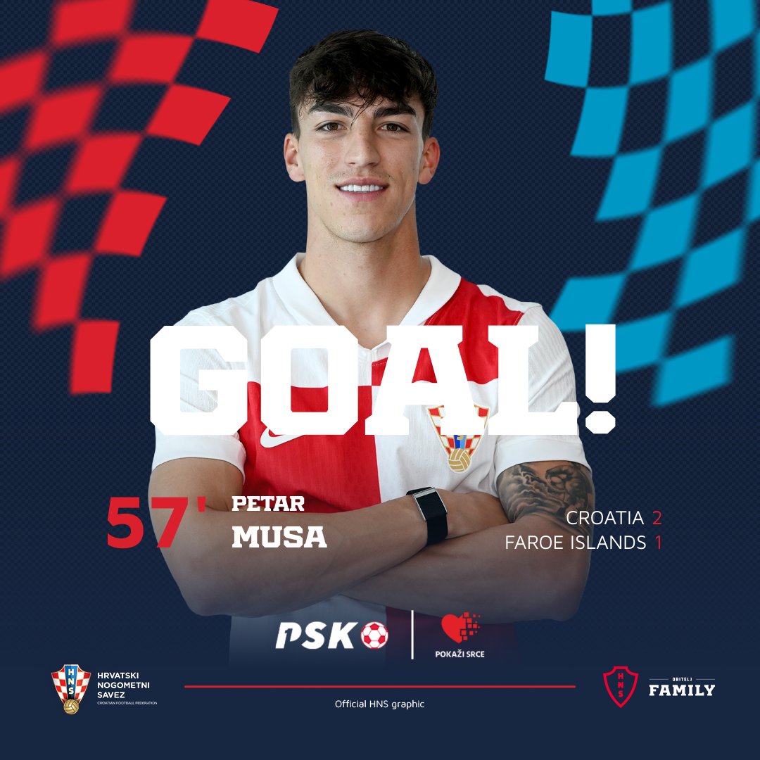HNSfamily's tweet photo. 57' | 🇭🇷 2:1 🇫🇴

#Croatia turns it around, courtesy of Petar Musa! ⚽️ #CROFRO

#WCQ | #PokažiSrce | #Family | #Vatreni❤️‍🔥 https://t.co/kmu9Km1mTj