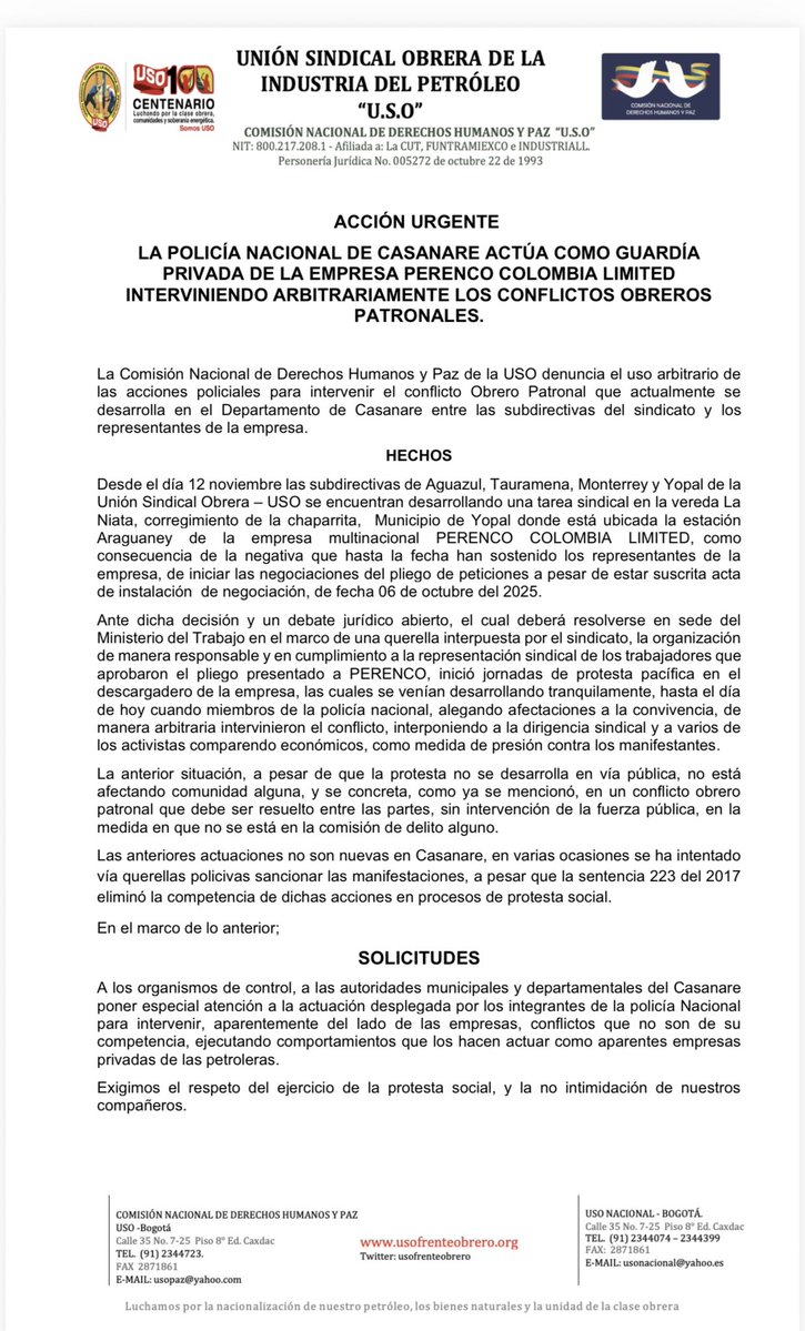 Ministro <a href="/PedroSanchezCol/">Pedro Arnulfo Sanchez S. Orgullosamente Colombiano</a> la empresa Perenco tiene conflicto laboral con <a href="/usofrenteobrero/">USO Colombia</a> , se niegan a negociar el justo pliego de peticiones debidamente presentado de acuerdo a la ley colombiana.

La <a href="/usofrenteobrero/">USO Colombia</a>  se moviliza y adelanta protesta pacífica pero la empresa
