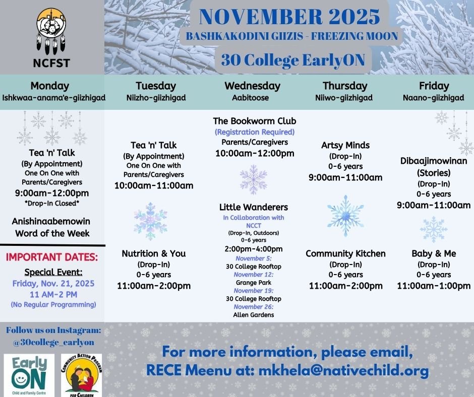 November is here! The 30 College EarlyON is looking forward to welcoming families into their space for a month FULL of exploration and imagination. Check out their [updated] calendar and reach out to Meenu if you have any questions. 

@30college_earlyON