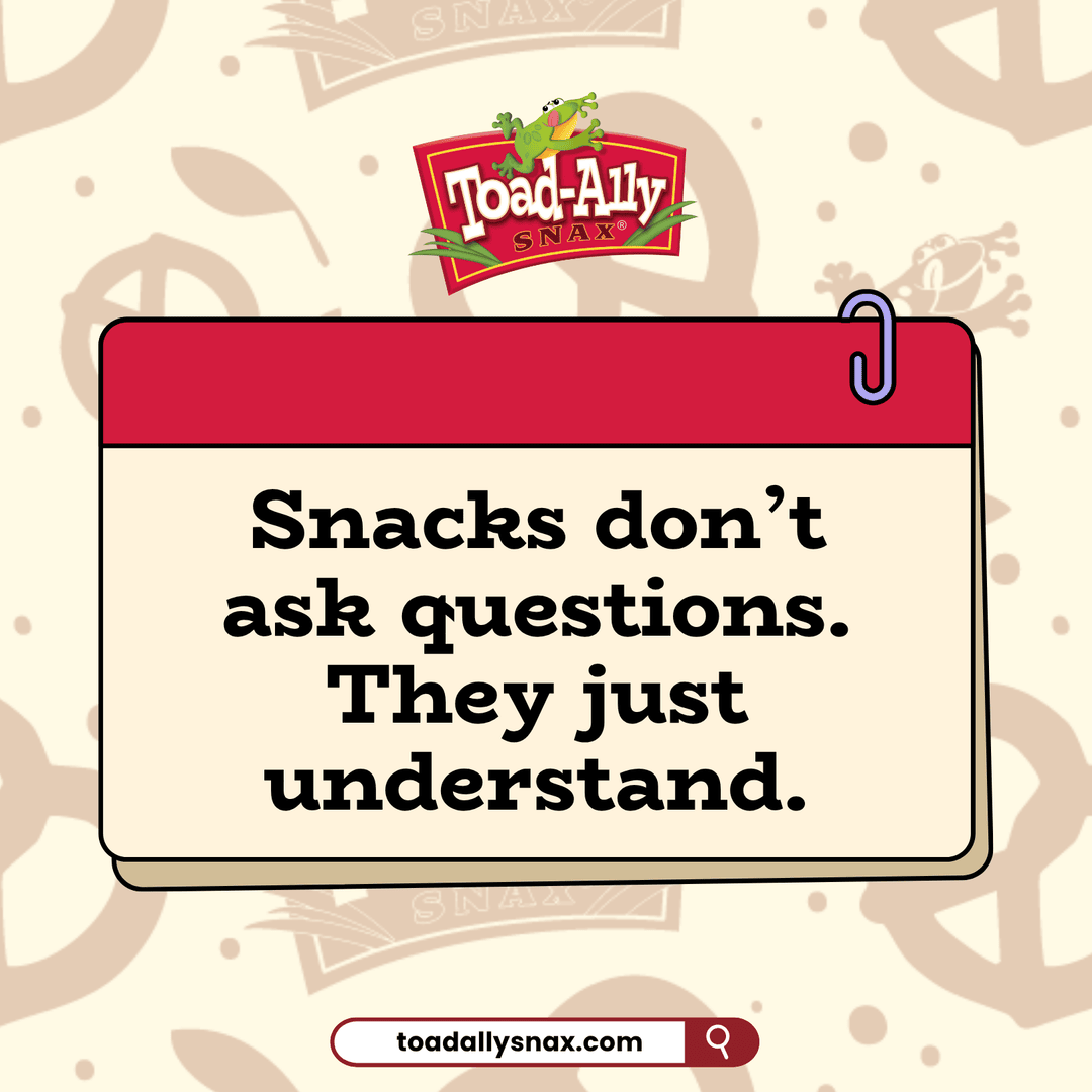 ToadallySnax's tweet image. Bad day? Busy day? Boring day? There’s a Toad-ally Snax moment for all of it. From sweet drizzles to salty crunches, every bite just gets you. Because sometimes, you don’t need advice, just something delicious to lift your mood.

Shop now: toadallysnax.com

#toadallysnax