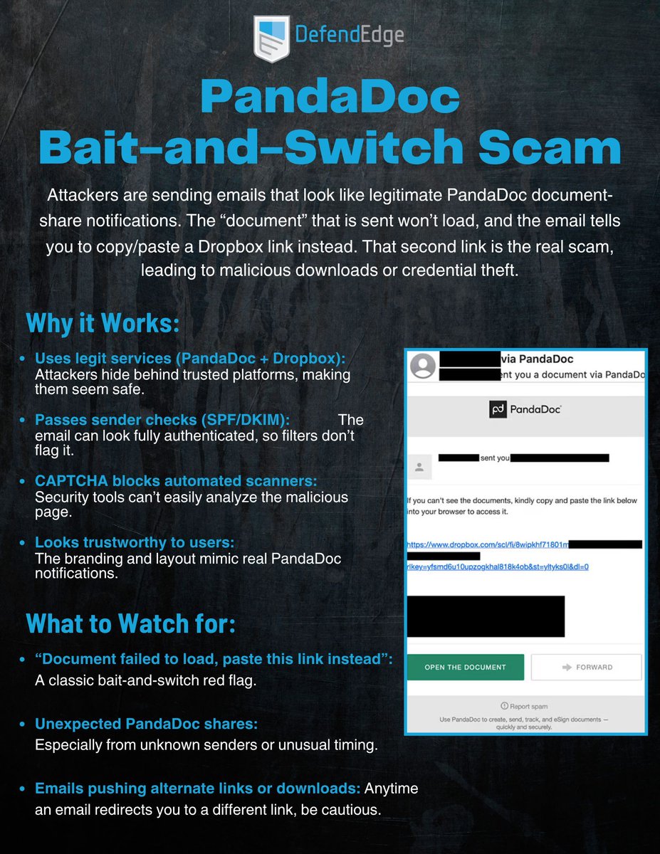 DefendEdge's tweet image. 🛡️New PandaDoc Bait-and-Switch Scam Rising🛡️

Attacks like the PandaDoc bait-and-switch work because they hide behind trusted platforms, but DefendEdge is built to spot the behavior behind the disguise. Our threat-intelligence tools detect suspicious link activity, catch…