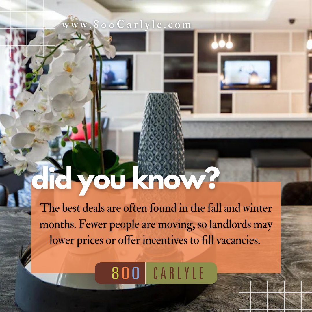 800Carlyle's tweet image. ✨ Fun Fact Friday! ✨
Did you know…
The best deals are often found in the fall and winter months. Fewer people are moving, so landlords may lower prices or offer incentives to fill vacancies. 

Stay tuned every Friday for more! 👀💡 
#FunFactFriday #DidYouKnow