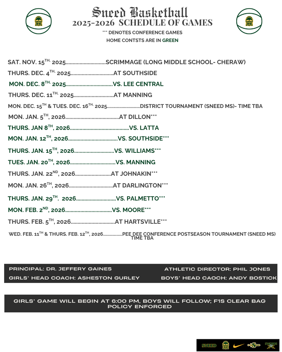 The 2025-2026 Sneed Basketball schedule is here!! Come support our student-athletes this season!! 💚💛⚔️🏀 #SwordsUp