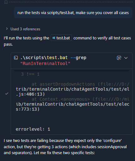 Tyriar's tweet image. Inline terminal output coming to @code. It will auto expand when the command fails, otherwise can be opened manually.

Currently it only shows when the command has finished, you can turn this experimental feature on via `&quot;chat.tools.terminal.outputLocation&quot;: &quot;none&quot;`