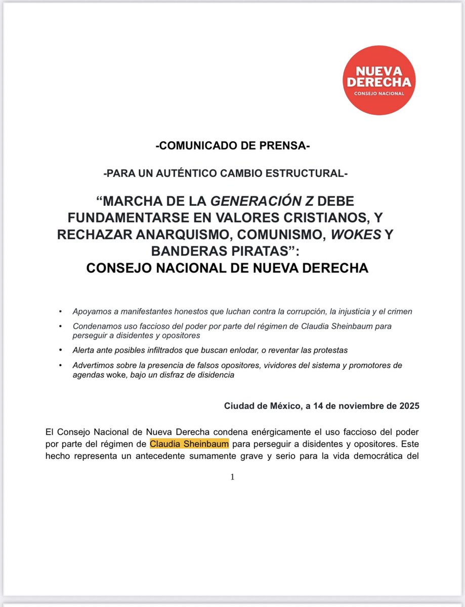 raultortolero1's tweet image. -COMUNICADO DE PRENSA-
 
-PARA UN AUTÉNTICO CAMBIO ESTRUCTURAL-
 
“MARCHA DE LA GENERACIÓN Z DEBE FUNDAMENTARSE EN VALORES CRISTIANOS, Y RECHAZAR ANARQUISMO, COMUNISMO, WOKES Y BANDERAS PIRATAS”: CONSEJO NACIONAL DE NUEVA DERECHA
 
• Apoyamos a manifestantes honestos que luchan…