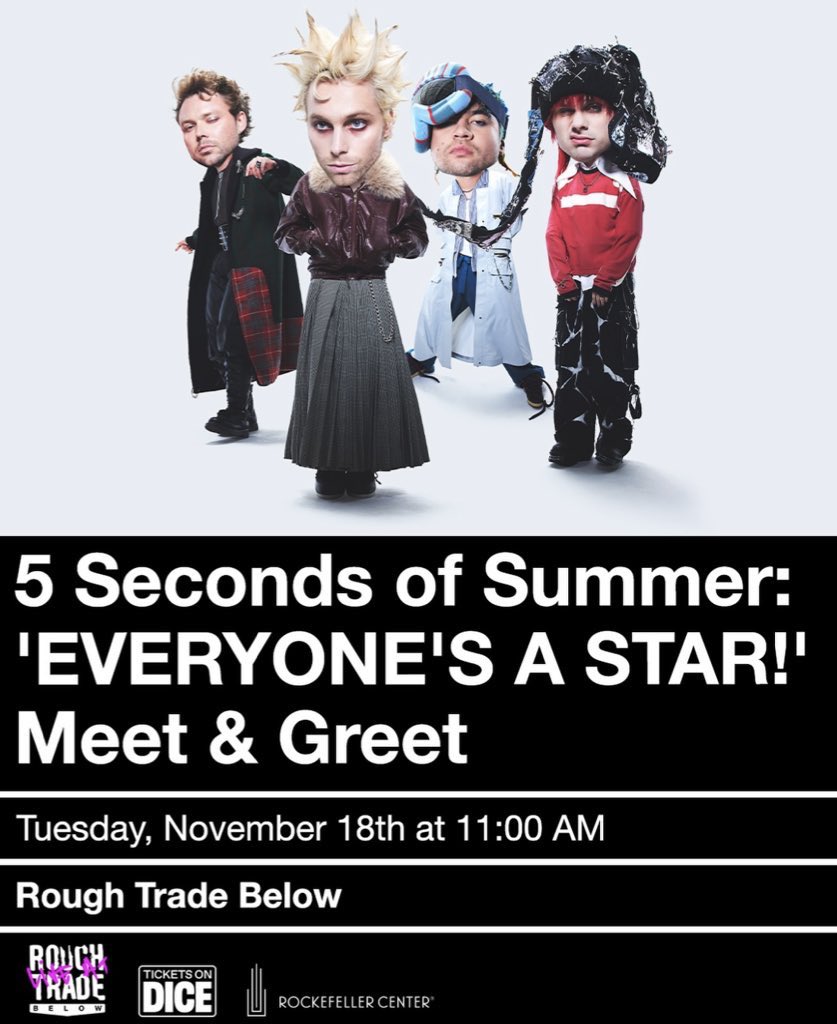 concertleaks's tweet image. 5 Seconds of Summer will be meeting fans to celebrate the release of ‘EVERYONE’S A STAR!’ next week in NYC!

Tickets are available NOW. 
🎫: link.dice.fm/K13c28612a5c
