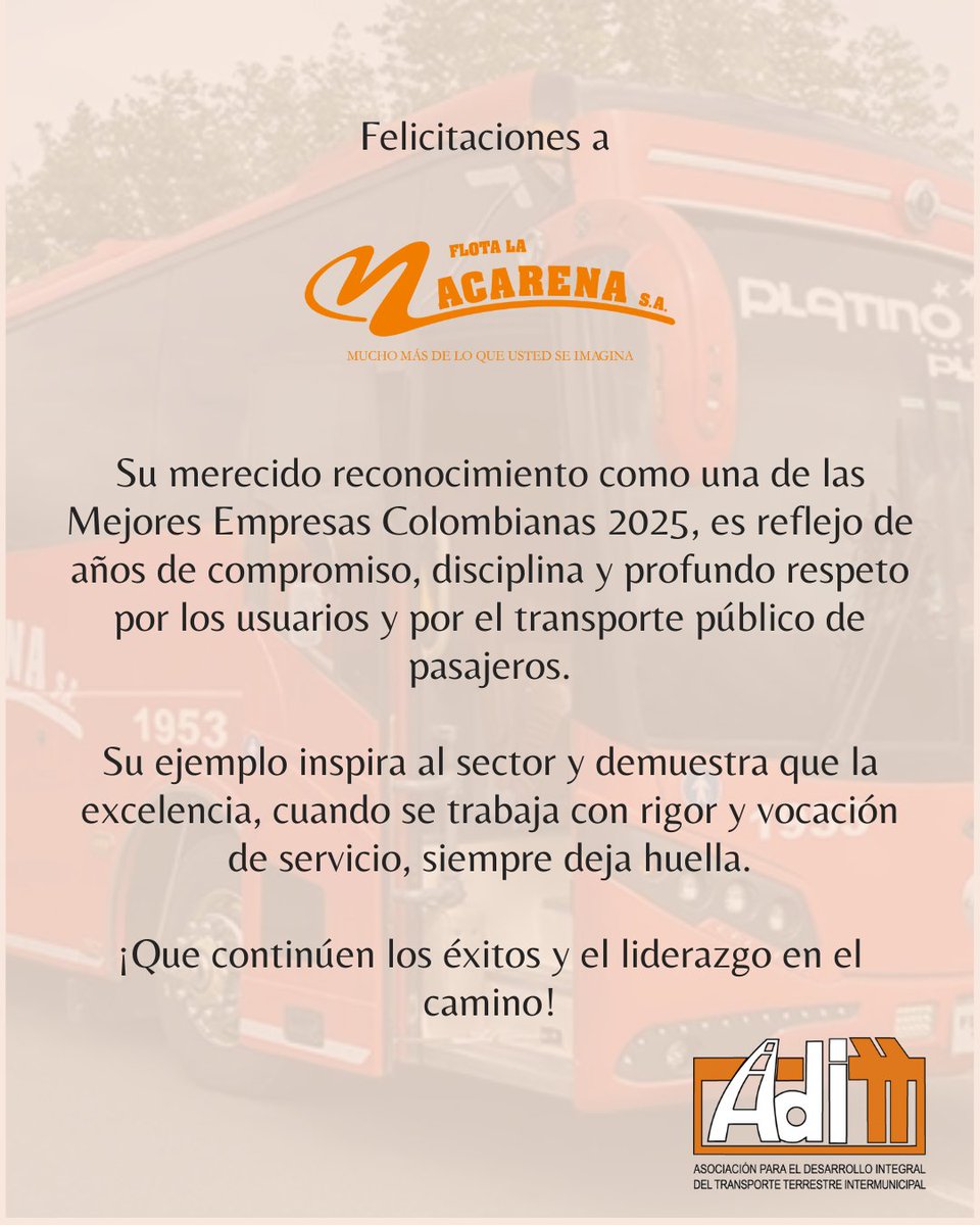 🎉La excelencia deja huella.✨

¡Felicitamos a <a href="/FlotaLaMacarena/">Flota La Macarena</a>  por su merecido reconocimiento como una de las Mejores Empresas Colombianas 2025!

Un aplauso por su disciplina y vocación de servicio. Son inspiración para el sector. 👏

#VocaciónDeServicio #FlotaLaMacarena