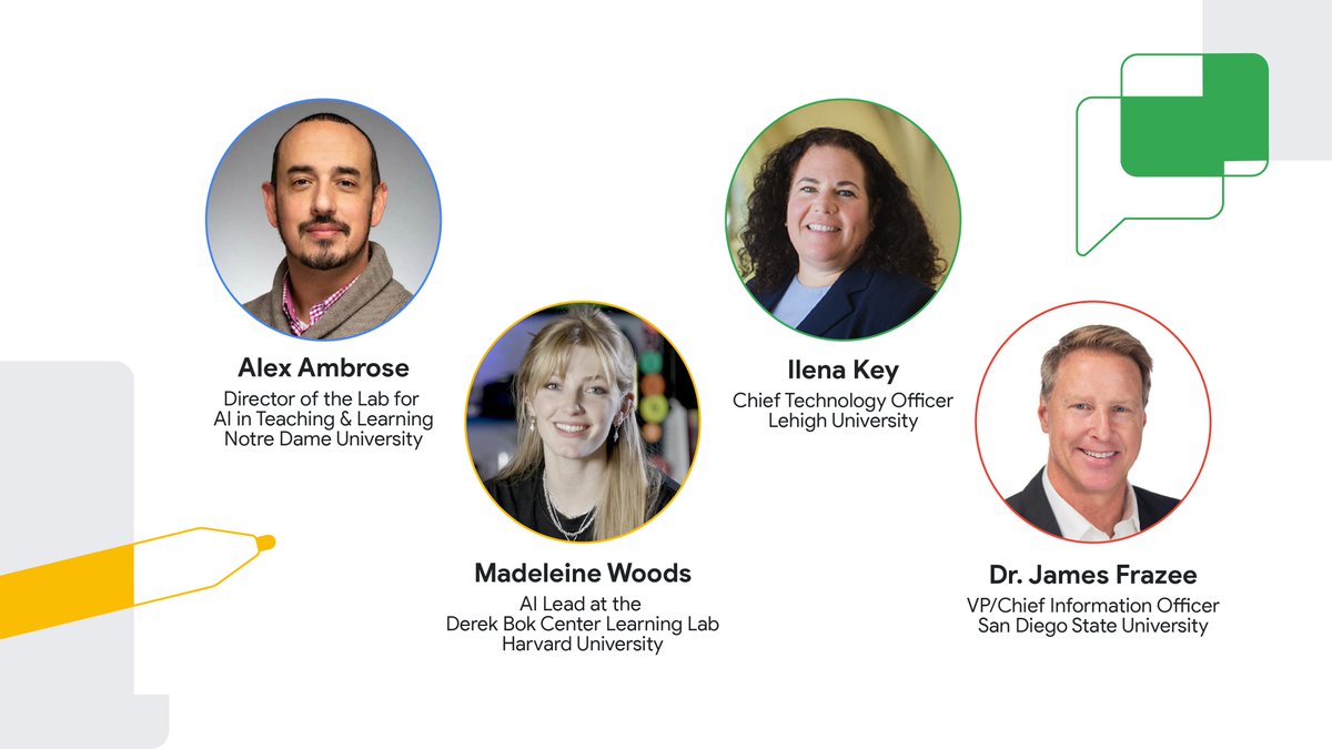 GoogleForEdu's tweet image. Calling all #HigherEd leaders — time for one last session for 2025! 📣

Tune in Nov 18 for &quot;AI in Practice&quot;. Hear directly from top institutions as they share firsthand experiences, how they navigate challenges, and crucial best practices.

Register here: goo.gle/3LFhqTd