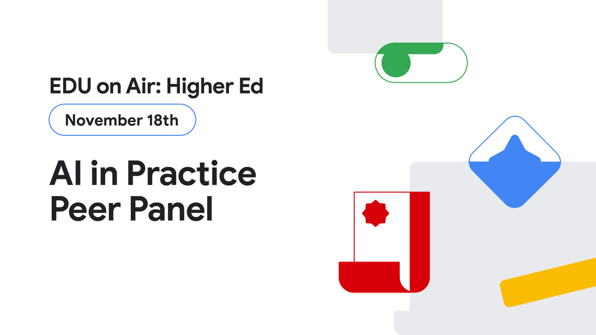 GoogleForEdu's tweet image. Calling all #HigherEd leaders — time for one last session for 2025! 📣

Tune in Nov 18 for &quot;AI in Practice&quot;. Hear directly from top institutions as they share firsthand experiences, how they navigate challenges, and crucial best practices.

Register here: goo.gle/3LFhqTd