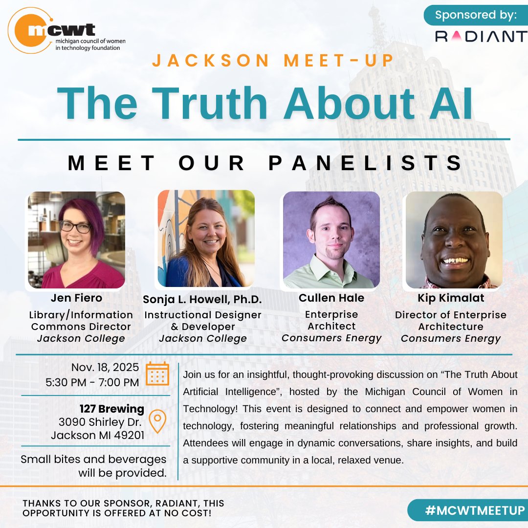 MCWT's tweet image. 🚨 Last chance to register for MCWT’s Jackson Meet-Up!

Join us for a powerful, eye-opening conversation on “The Truth About Artificial Intelligence.” Connect, grow, and get inspired by our panelists—don’t miss it!

Register Here: mcwt.app.neoncrm.com/np/clients/mcw…

#MCWT #WomenInTech
