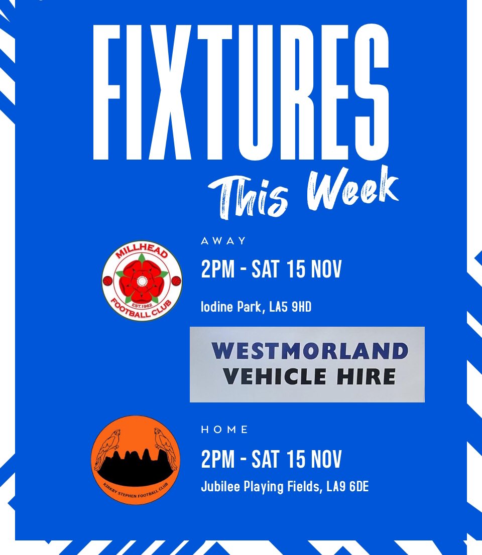 Weather permitting ☔️:

Our first team return to Iodine Park tomorrow to face Millhead for a second week running, this time in R1 of the Peter Daws Memorial Shield 🏆 

Meanwhile, our reserves welcome Kirkby Stephen Reserves to the Jubilee in <a href="/WestmorlandFL/">Westmorland Football League</a> Division 4.