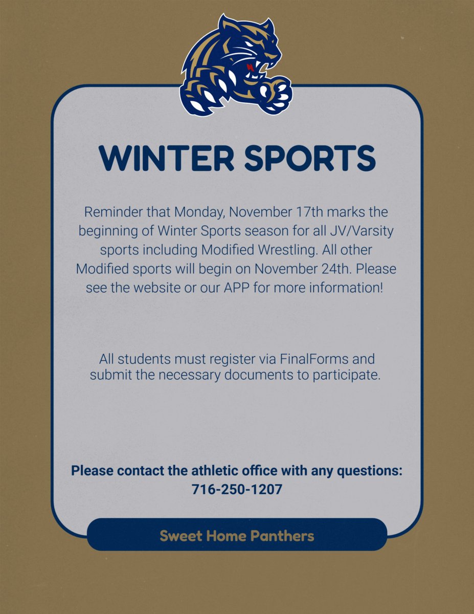 Reminder that Winter Sports season starts on Monday for all JV/Varsity teams! All students who are interested need to register via FinalForms. Visit our website or the Sweet Home Panthers Athletics APP for registration information. See you Monday!