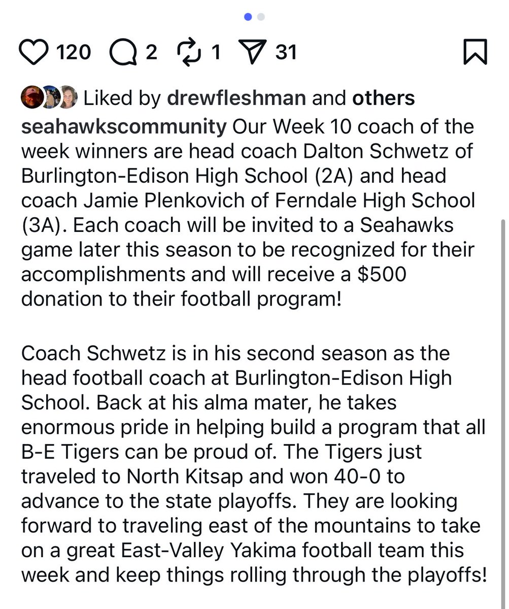 SkagitPrep's tweet photo. Congrats Coach Schwetz on being named Seahawks Community week 10 coach of the week! 

@CoachSchwetz 
@BETigers_FB 

https://t.co/amBIlBcqwX https://t.co/pApcx3u72k