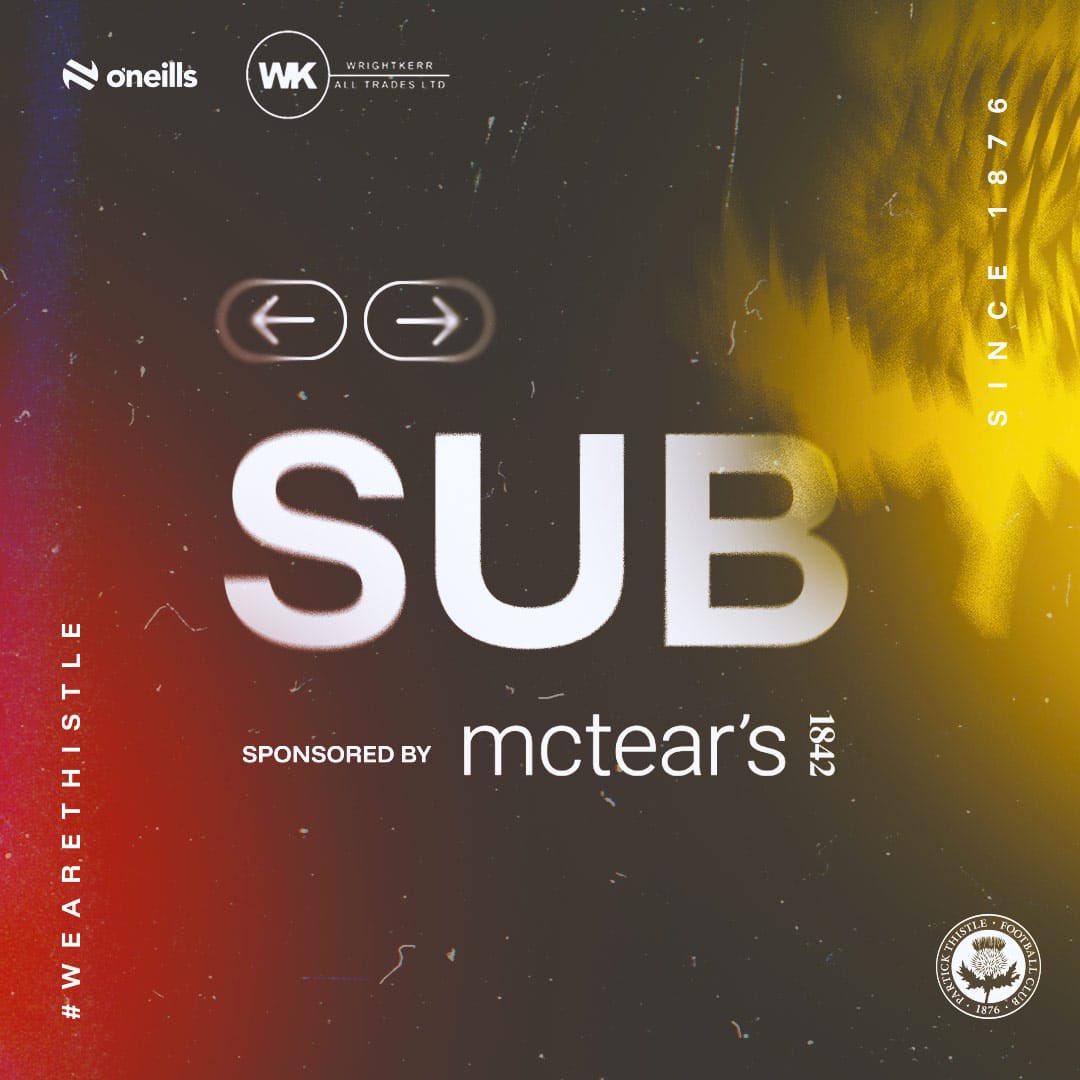 PartickThistle's tweet image. Partick Thistle 1️⃣ St Mirren 1️⃣

OFF:
#6: Kyle Turner
#19: Luke McBeth

ON: 
#47: Alex Mann
#64: Ts’oanelo Lets’osa

#PTFCvSTMFC #WeAreThistle