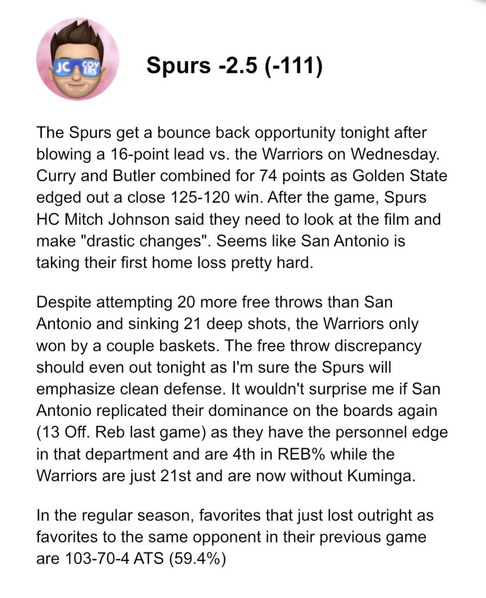 jc_covers's tweet photo. #NBA 
🏀 Spurs -2.5 (-111)

the get back 🔥

#GamblingTwitter #LoseSmallWinBig https://t.co/T9UWIlsAfF