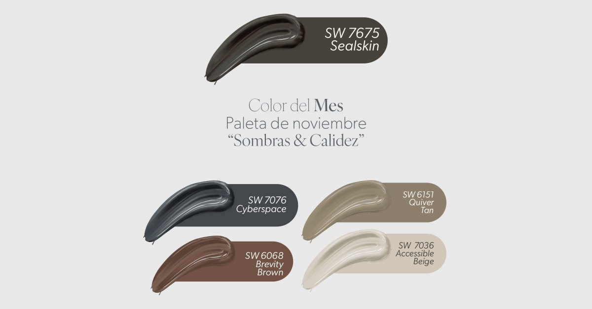 SherwinCA's tweet image. Elegancia, calma y contraste. ✨🍂
La paleta “Sombras &amp;amp; Calidez” combina Sealskin SW 7675, Accessible Beige SW 7036, Quiver Tan SW 6151, Cyberspace SW 7076 y Brevity Brown SW 6068. 🌫️

#ColorDelMes #SherwinWilliams