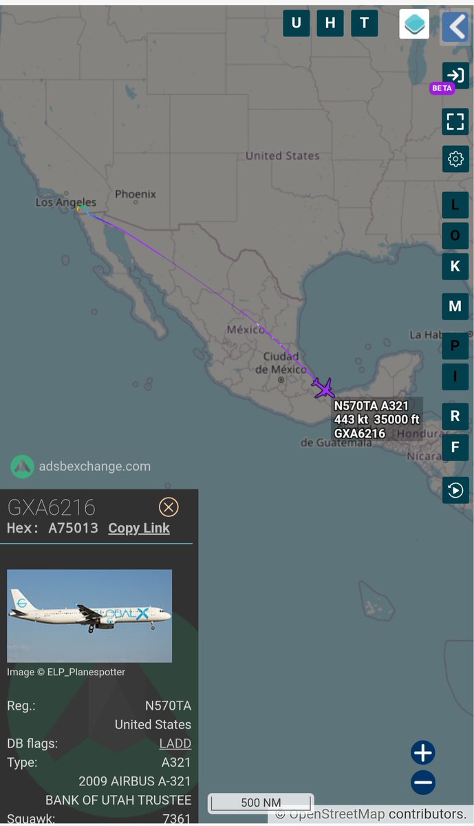 Borrowed7Time's tweet photo. GlobalX A321 N570TA #A75013 as GXA6216 en route from Miramar MCAS CA to Tapachula, Chiapas on a deportation flight.
@sipjack1776 @LadyAstroJet https://t.co/s4qLz4pVQF