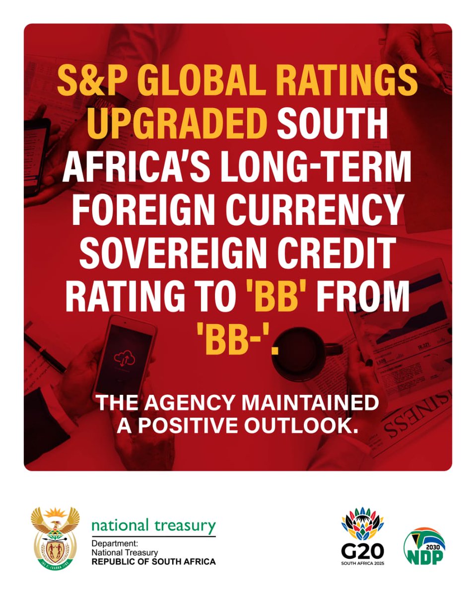 Treasury_RSA's tweet photo. Government welcomes S&amp;P’s decision to upgrade South Africa’s foreign currency long-term sovereign credit rating to 'BB' from 'BB-' and local currency long-term sovereign credit rating to 'BB+' from 'BB'. @GovernmentZA @GCISMedia https://t.co/vxGBpmXZLB