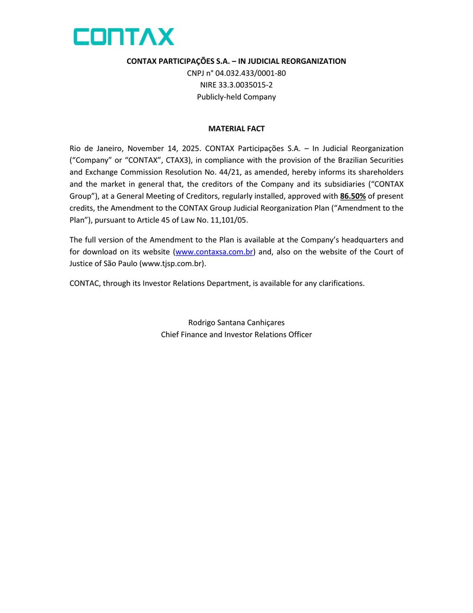 CalixtoCapital's tweet photo. #CTAX3 | CONTAX | Fato Relevante https://t.co/FFBiO9mqic