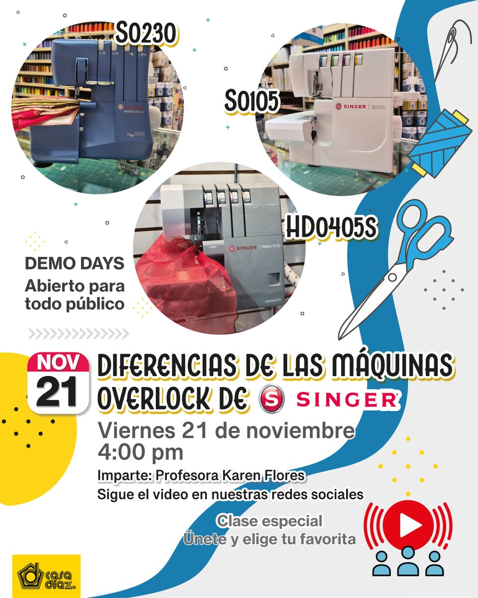 CasaDiazMX's tweet image. 🎥✨ ¡Este viernes 21 de noviembre descubre todo sobre las máquinas over domésticas Singer! ✨🎥
Conoce sus diferencias y características en el video exclusivo que estará disponible en nuestras redes sociales. 🧵💡
#Singer #Overlock