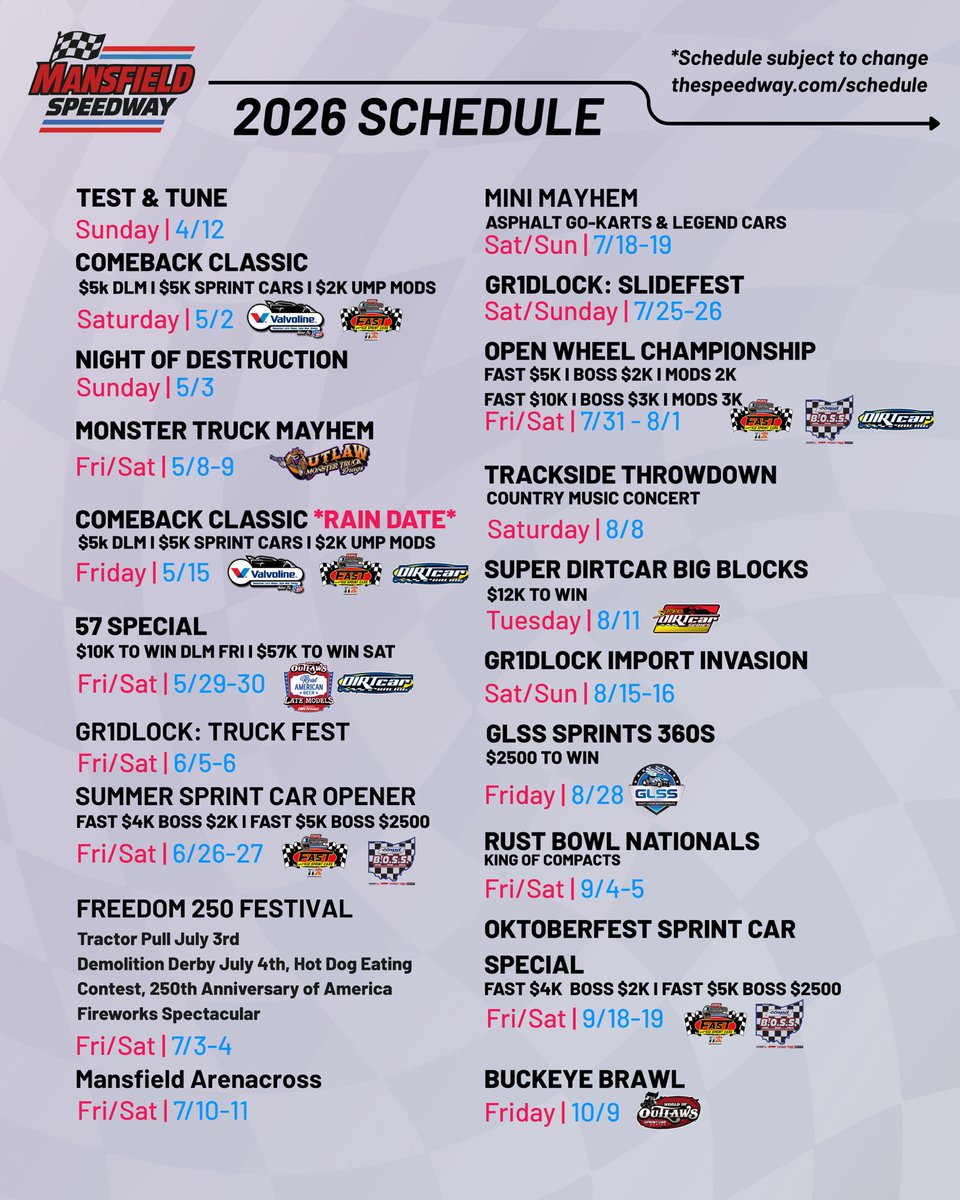 matt_tifft's tweet image. Mansfield Speedway 2026 Schedule 👇🏻