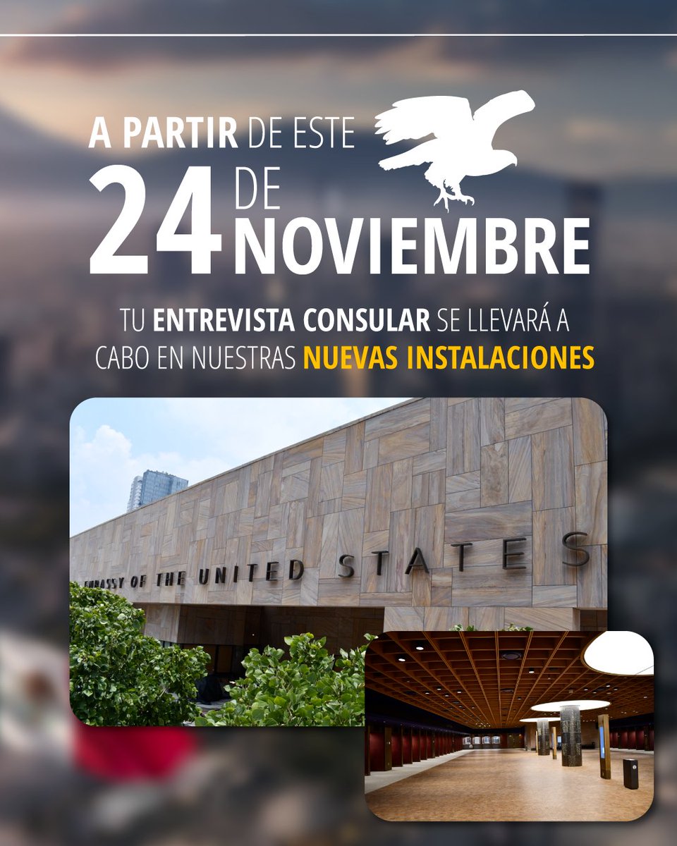 USEmbassyMEX's tweet image. 🇺🇸🦅 Nos mudamos 👋 
La entrevista para obtener tu visa, pasaporte, ciudadania, o notaria ahora será en nuestras nuevas instalaciones: 📍 usembmx.com/NEC_NIV  Toma nota, comparte y nos vemos en la #NuevaEmbajada