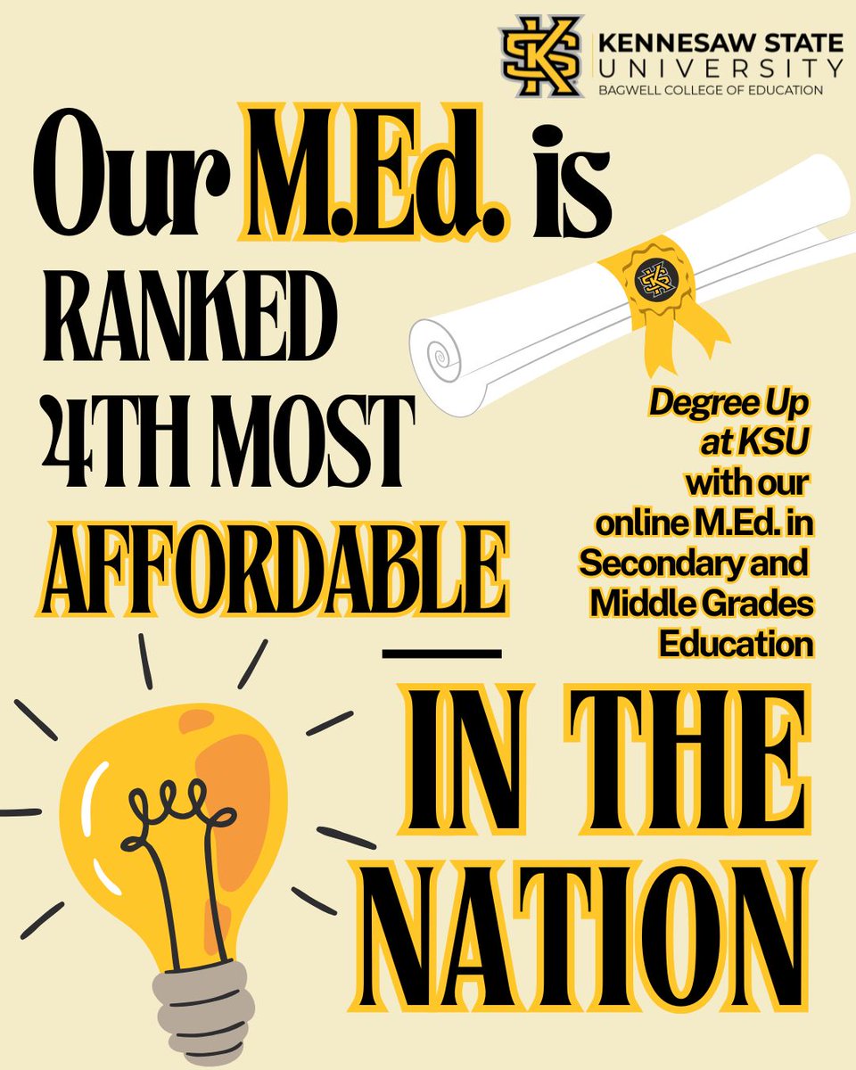 🎉Big news! OnlineU has named Bagwell College of Education’s online M.Ed. in Secondary &amp; Middle Grades Education one of the most affordable programs nationwide! 💛👏
Ranked at: onlineu.com/most-affordabl…
#DegreeUp #KSU #BagwellCollege #GraduateEducation #OnlineLearning
