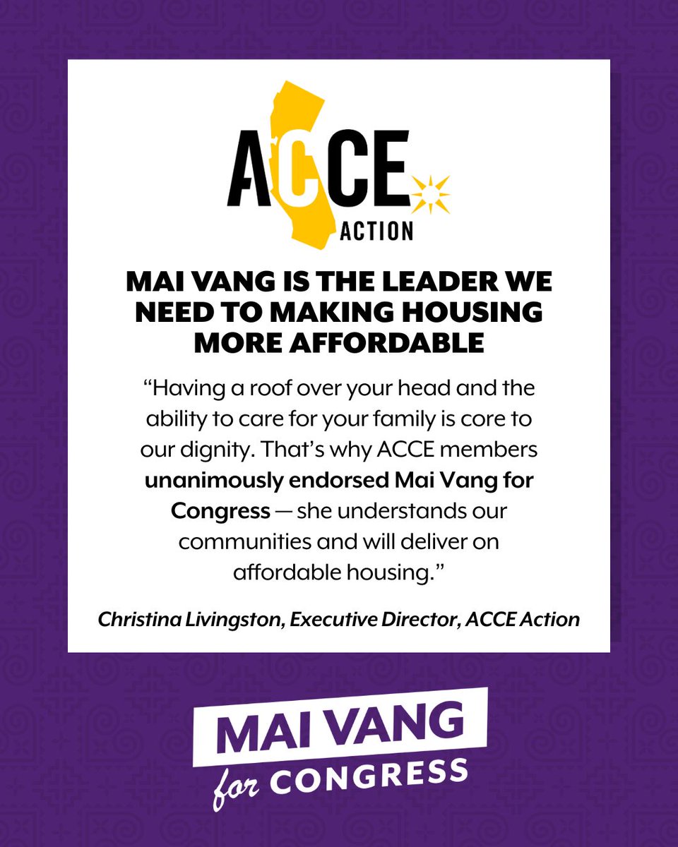 MaiForUs's tweet photo. Making housing affordable isn’t a talking point for Mai Vang — it’s her lived experience. That’s why ACCE Action unanimously endorsed our campaign.
#MaiForUs #AffordableHousing #HousingIsAHumanRight #HomesForAll #PeoplePower #WorkingFamilies #HousingJustice #ACCEAction https://t.co/qtPq3ynMKm