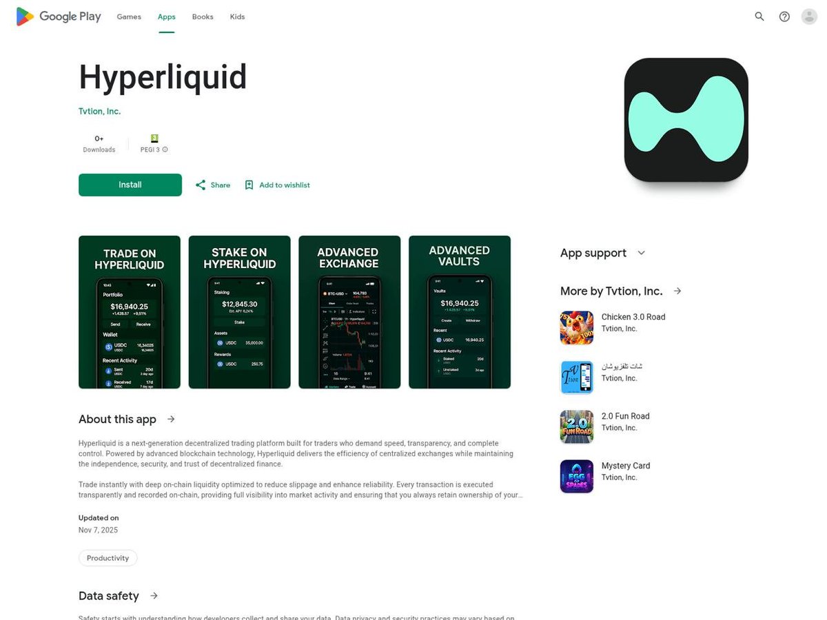 Community Alert: Be careful of a fake Hyperliquid app on the Google Play Store.
